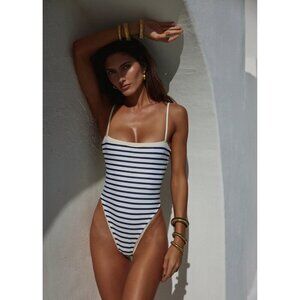 SAME Los Angeles Swim Womens One Piece ColorBlock Stripped Navy Blue Large